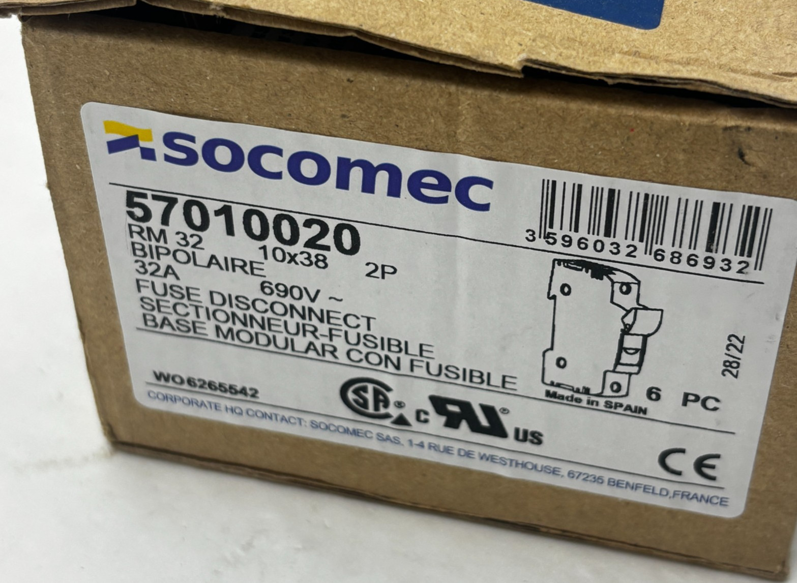 SOCOMEC Fuse Holders On Rail,RM32 32A 10X38 60269 57010020