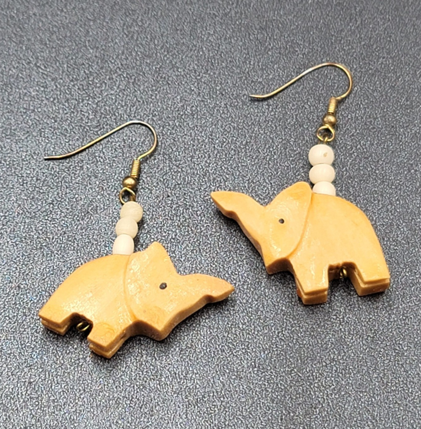 Vintage Pierced Earrings Solid Wood Hand Carved Elephant Dangle 1.5"