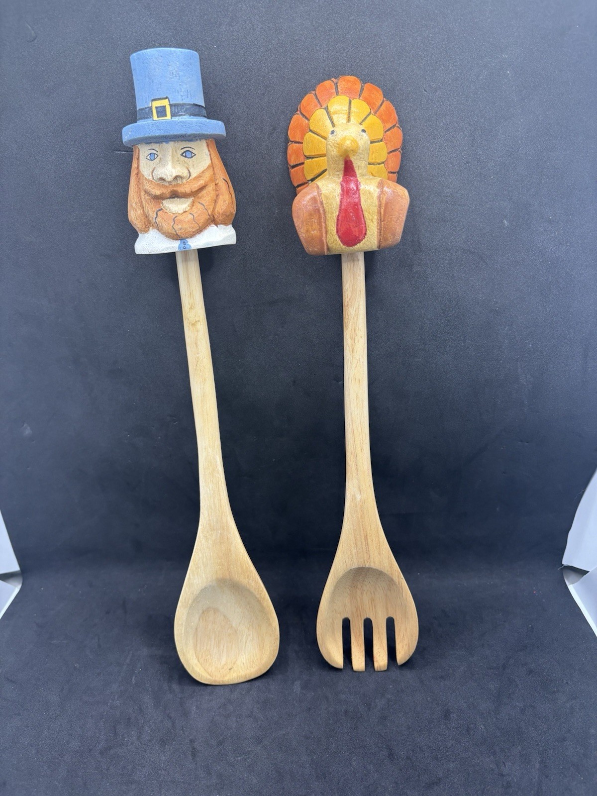 Thanksgiving PILGRIM & TURKEY Hand-Carved Wooden Serving Utensils Spoon & Fork