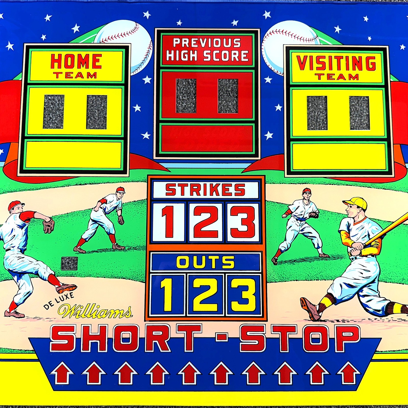 Williams Deluxe Short-Stop Pitch & Bat Pinball Machine Game Backglass NEW