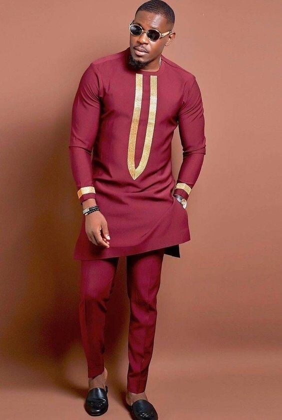 Maroon and Gold Men's Shirt and Pants African Clothing Kaftan African Fashion