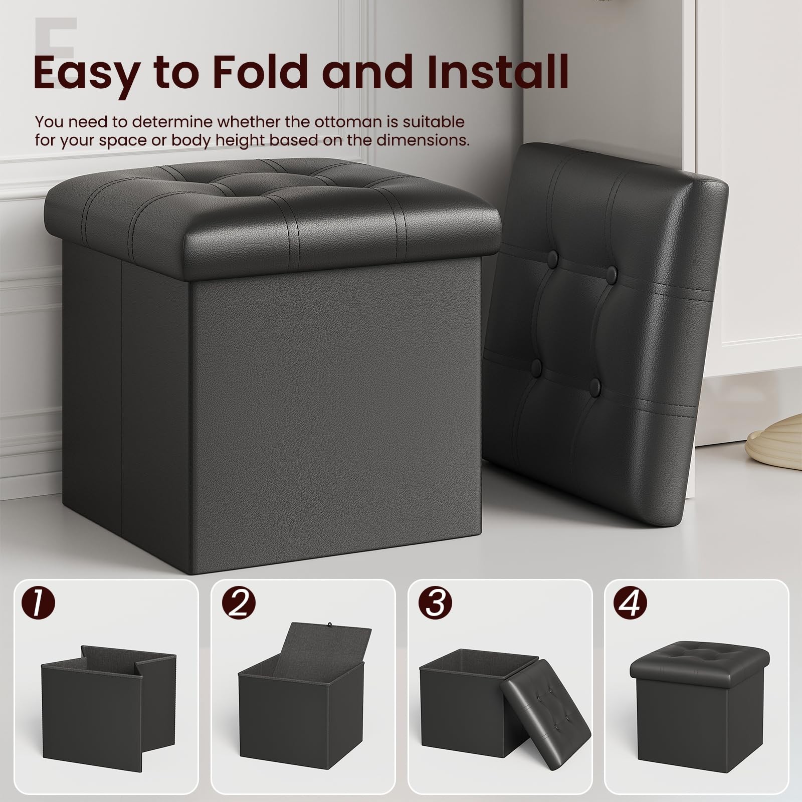 15 inches Folding Storage Ottoman, Cube Storage Boxes, Small Ottoman with Foa...