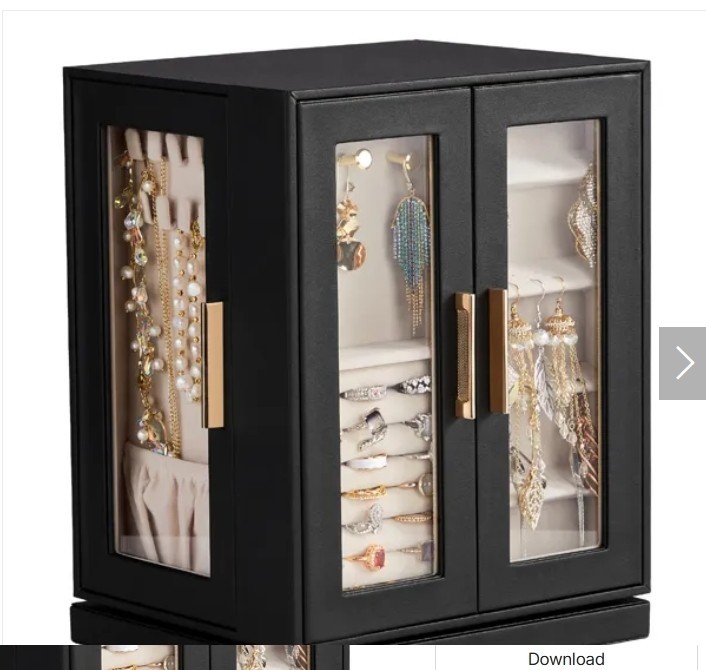 360° Rotating Jewelry Box with 5 Drawers - Black Cabinet & Pink Velvet Interior
