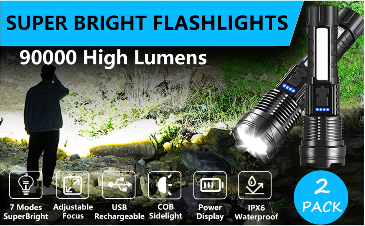 Rechargeable LED Flashlights, 90,000 Lumens Super Bright Handheld FlashLight-2PK