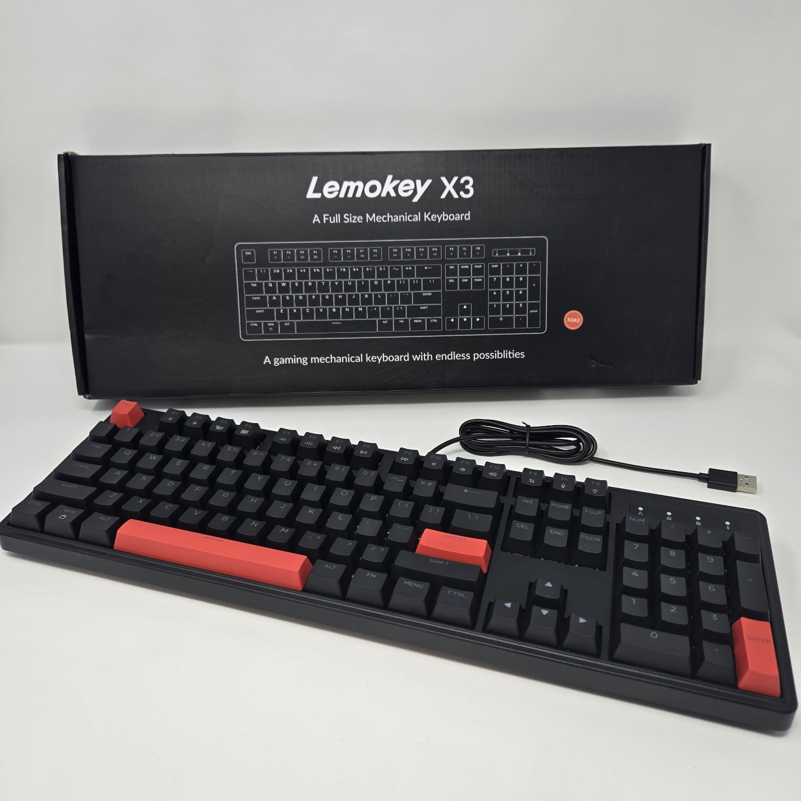 Lemokey X3 Full Size Mechanical Keyboard Wired USB QMK VIA Black Red Keycaps
