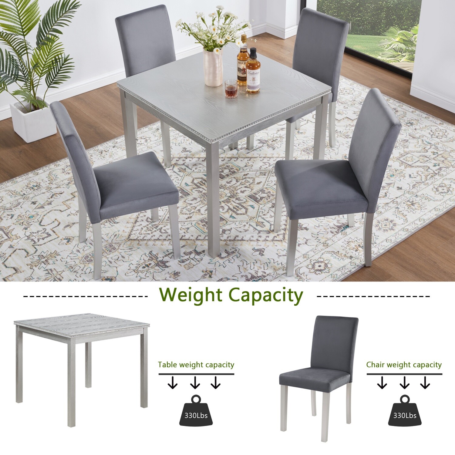 5 Piece Dining Table Set Wooden Square Dining Table and 4 Chairs for Dining Room