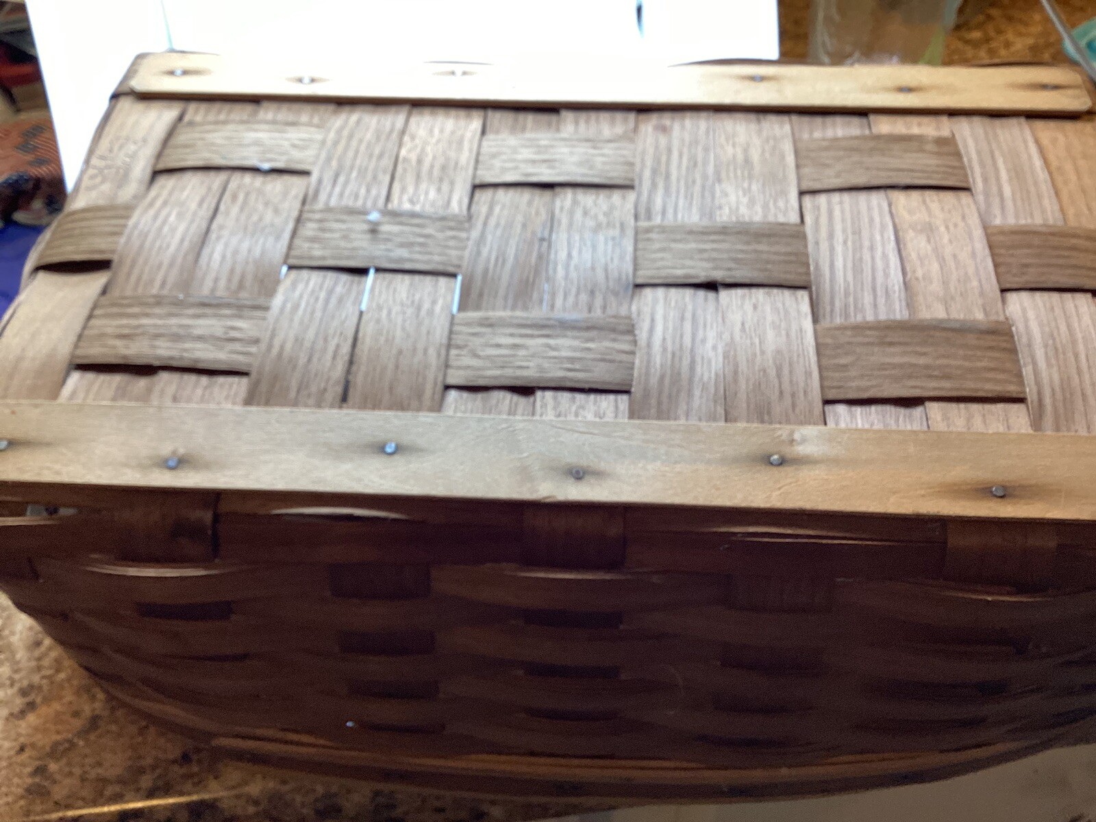 Hand Woven Rectangle Basket With Leather Handles, Signed, 2003