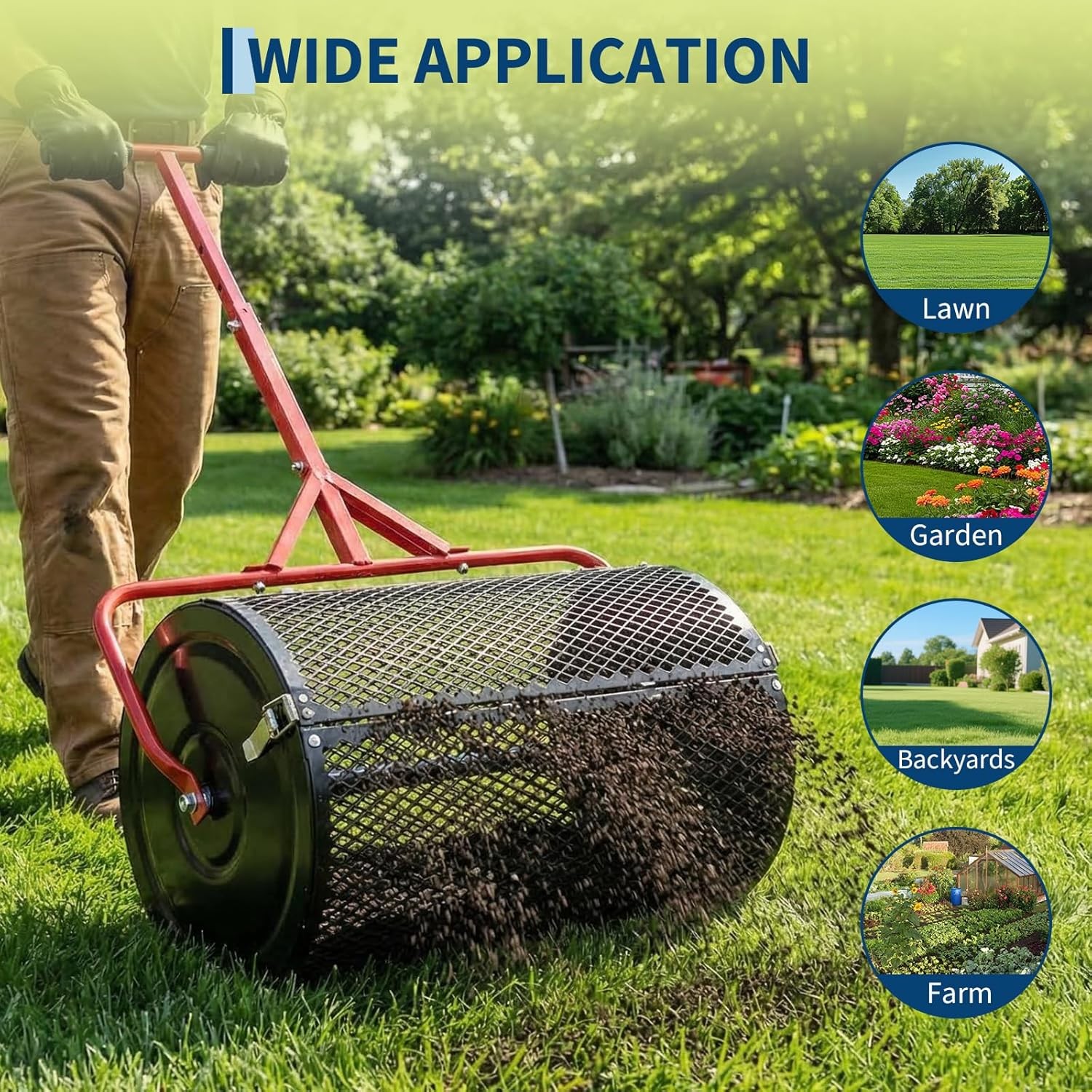 Compost Spreader 24" Wide Peat Moss Spreader Adjustable Top Dressing Mesh