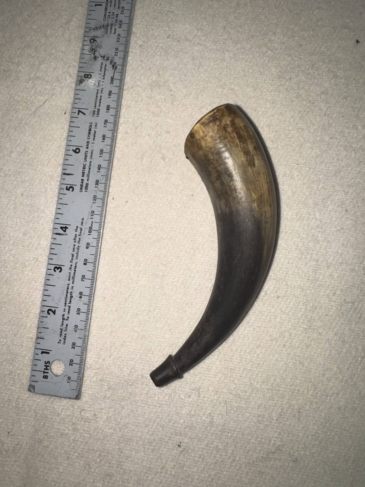 Antique Priming Powder Horn 1700s 1800s. Great Shape. Wood Base