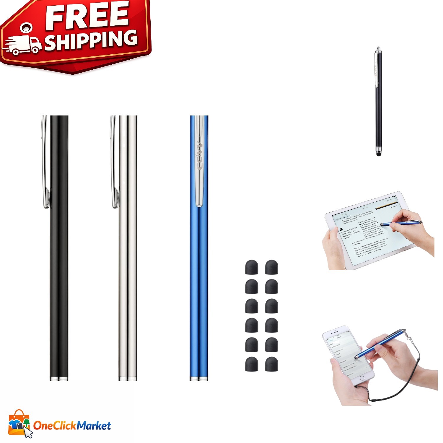 Stylish 3 Pcs Stylus Pen Set - 0.24'' Tips for Smartphone & Tablet Touch Screens