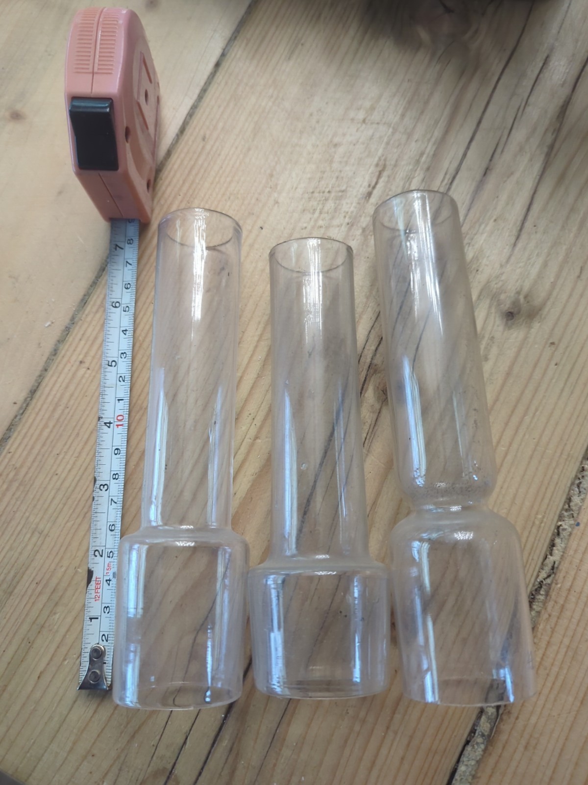 3no Genuine Vintage Oil Lamp Glass Chimneys Hand Blown 1.5" id Bottom 7" High