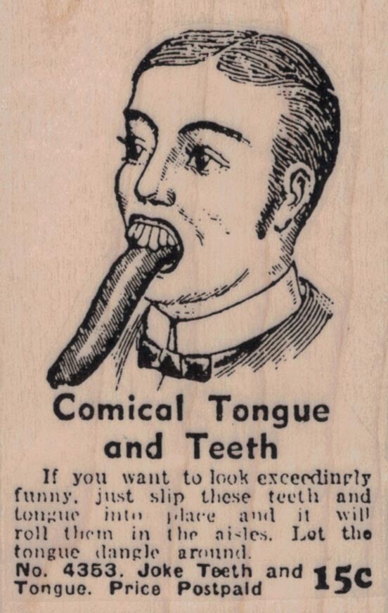 Comical Tongue And Teeth 2 x 3" Rubber Stamp, Mixed Media, Vintage Ad