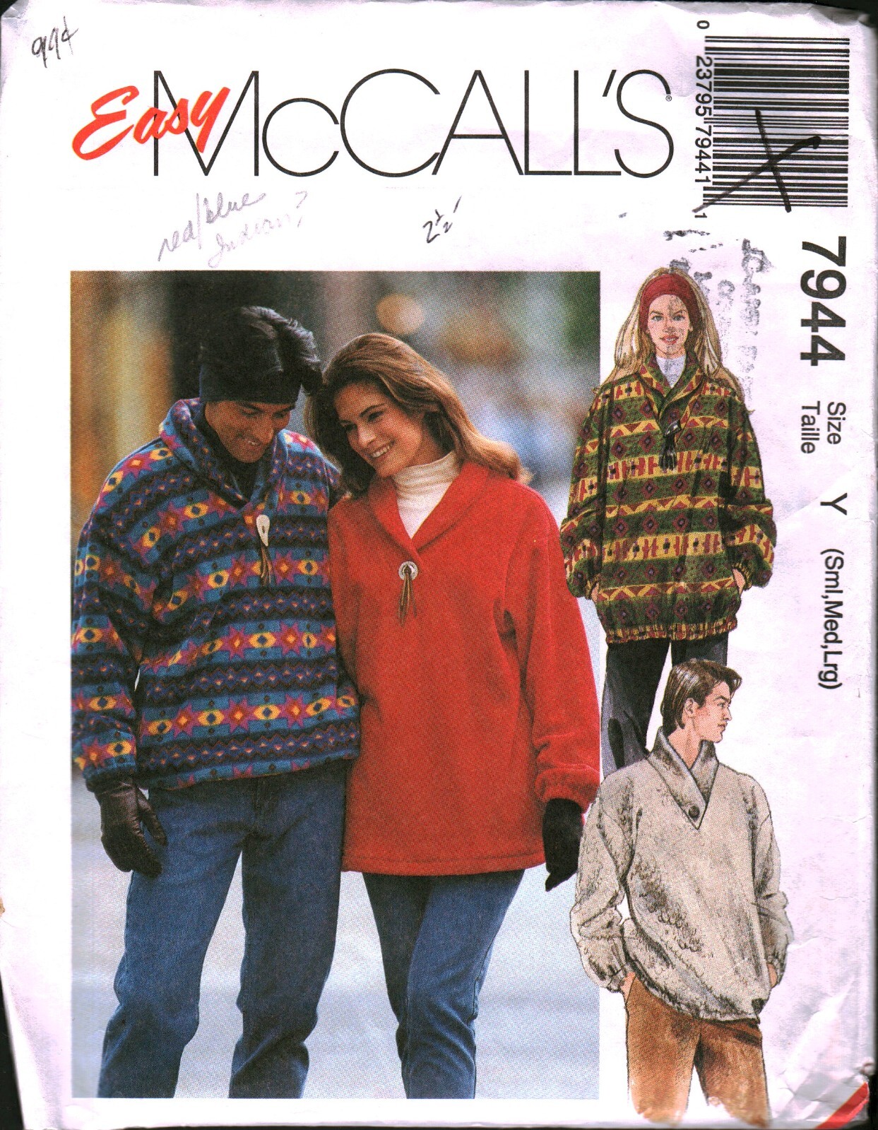7944 Vintage McCalls SEWING Pattern Misses Mens 1990s Pullover Tops Casual Snow