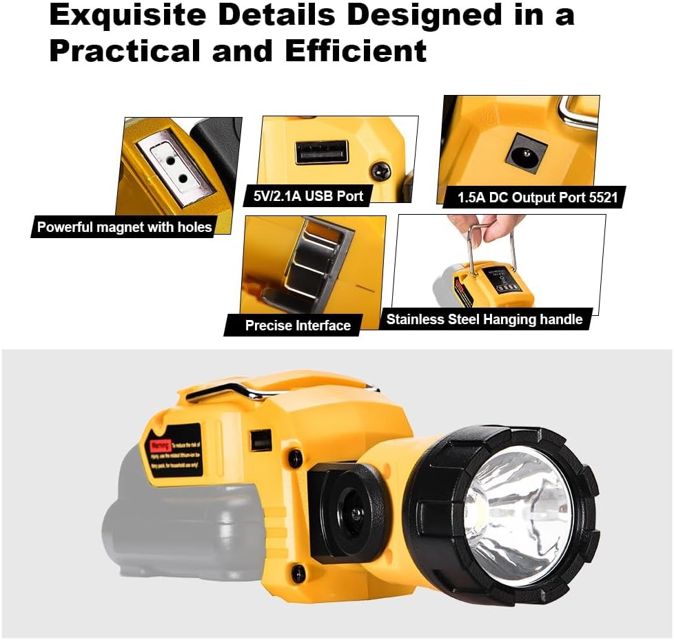12V Flashlight Compatible with Dewalt 12V Battery 280LM LED Work Light /USB Port