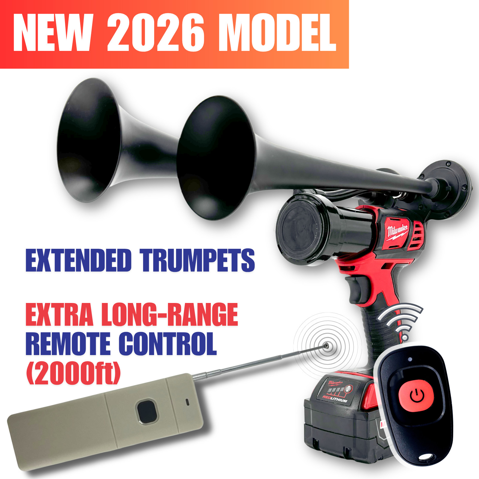 Milwaukee PREMIUM Dual Air Horn 2026 Long Trumpets | Long Range (2000ft) Remote