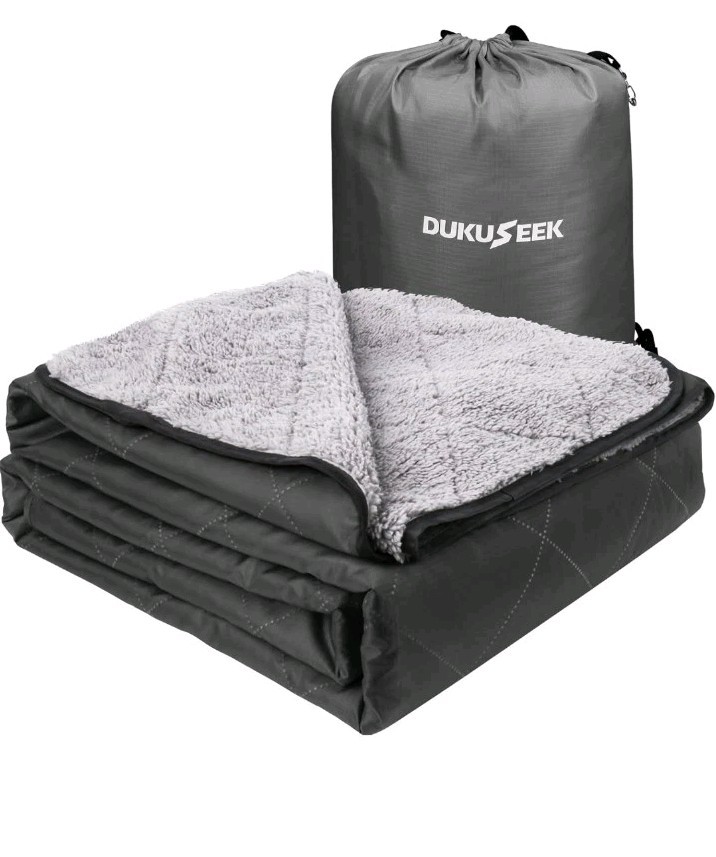 DUKUSEEK Sherpa Waterproof Camping Blanket with Hood - Warm Large Fleece Outdoor