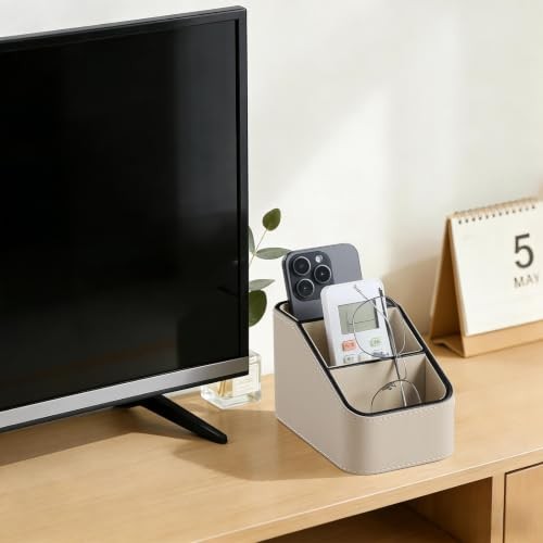 3 Compartments PU Leather Remote Control Holder, TV Remote Holder | Small Beige
