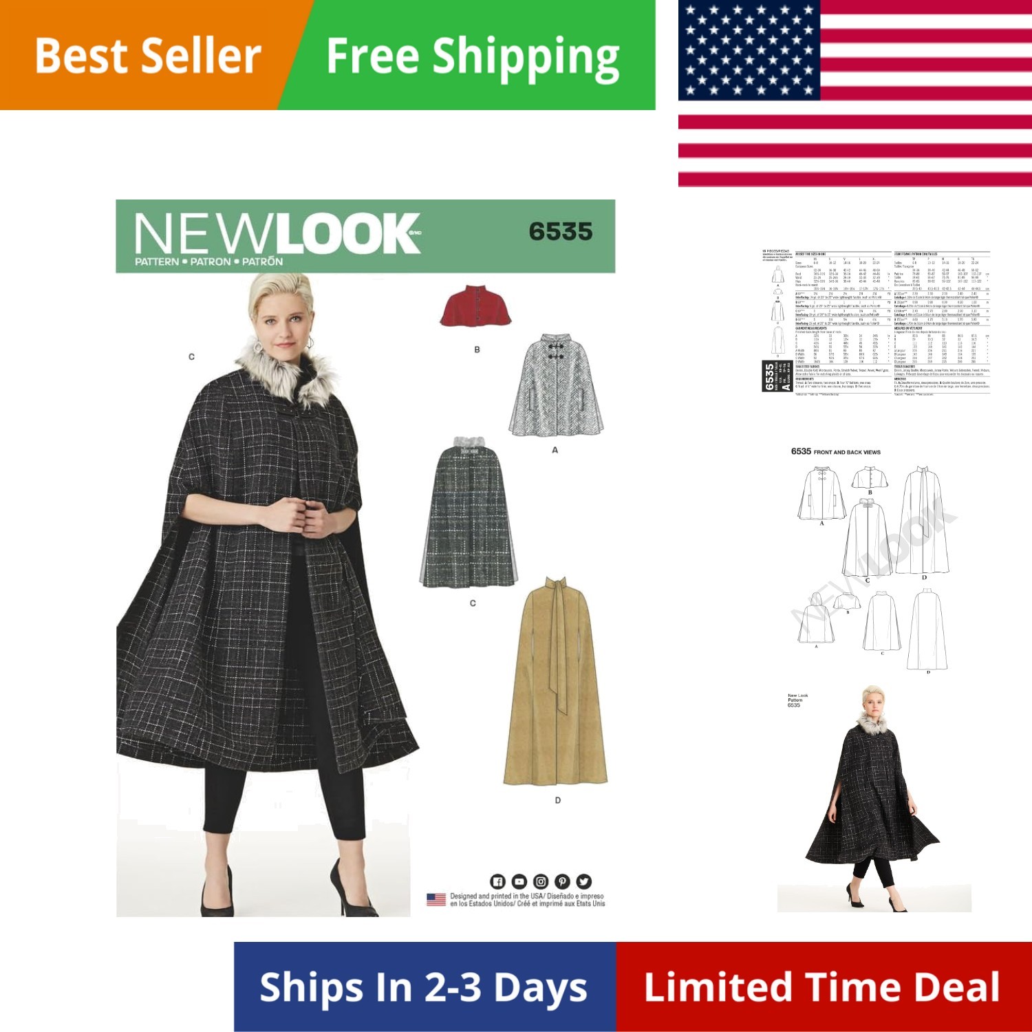 Sewing Pattern D0730/6535 - Misses' Capes in Four Lengths, A 6-8-10-12-14-16-...