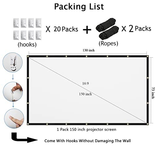 Projection Screen 150 Inch 16:9 Foldable Portable Anti-Crease Polyester for