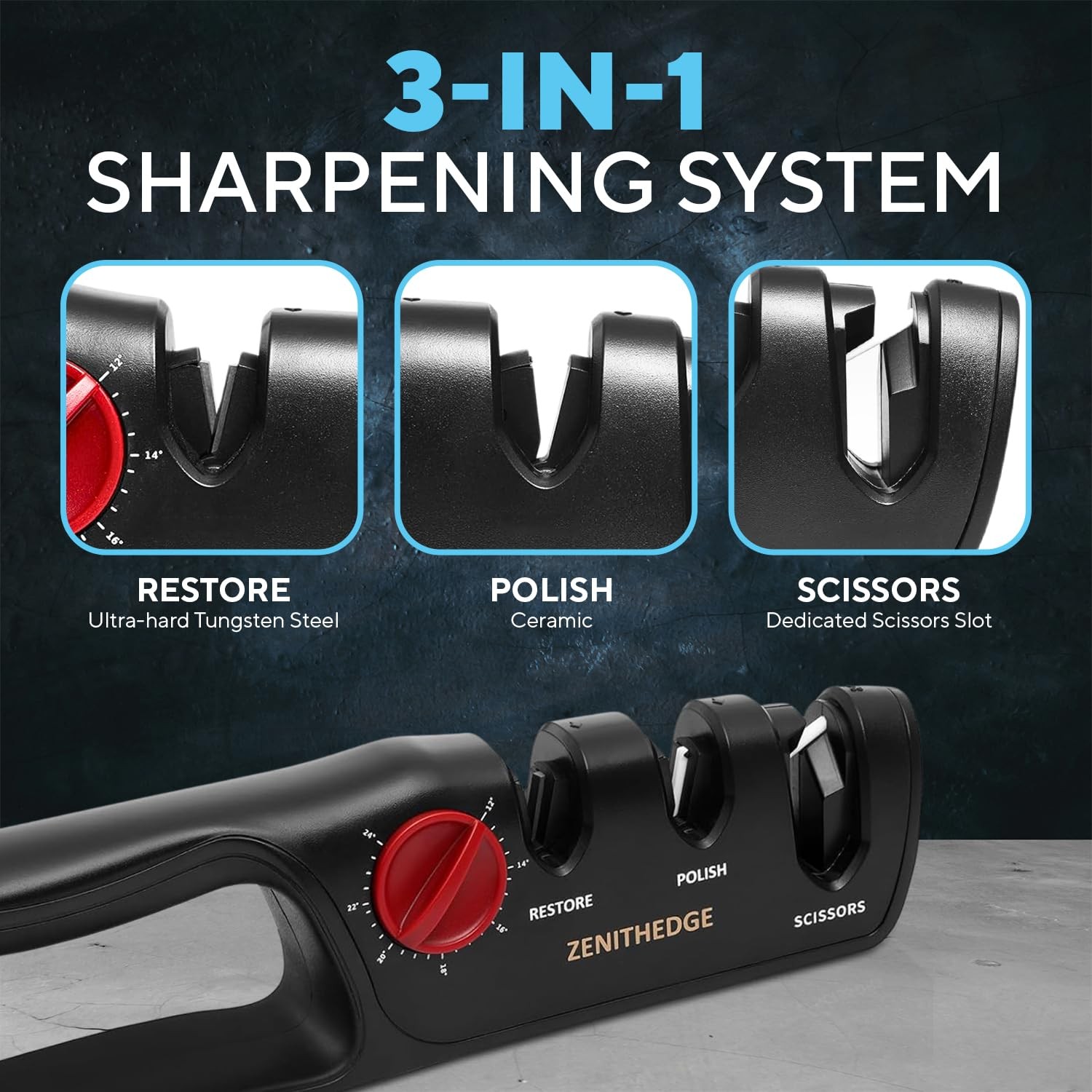 ZenithEdge 3-in-1 Adjustable Knife Sharpener 14-24 Angles for Kitchen, Fillet...