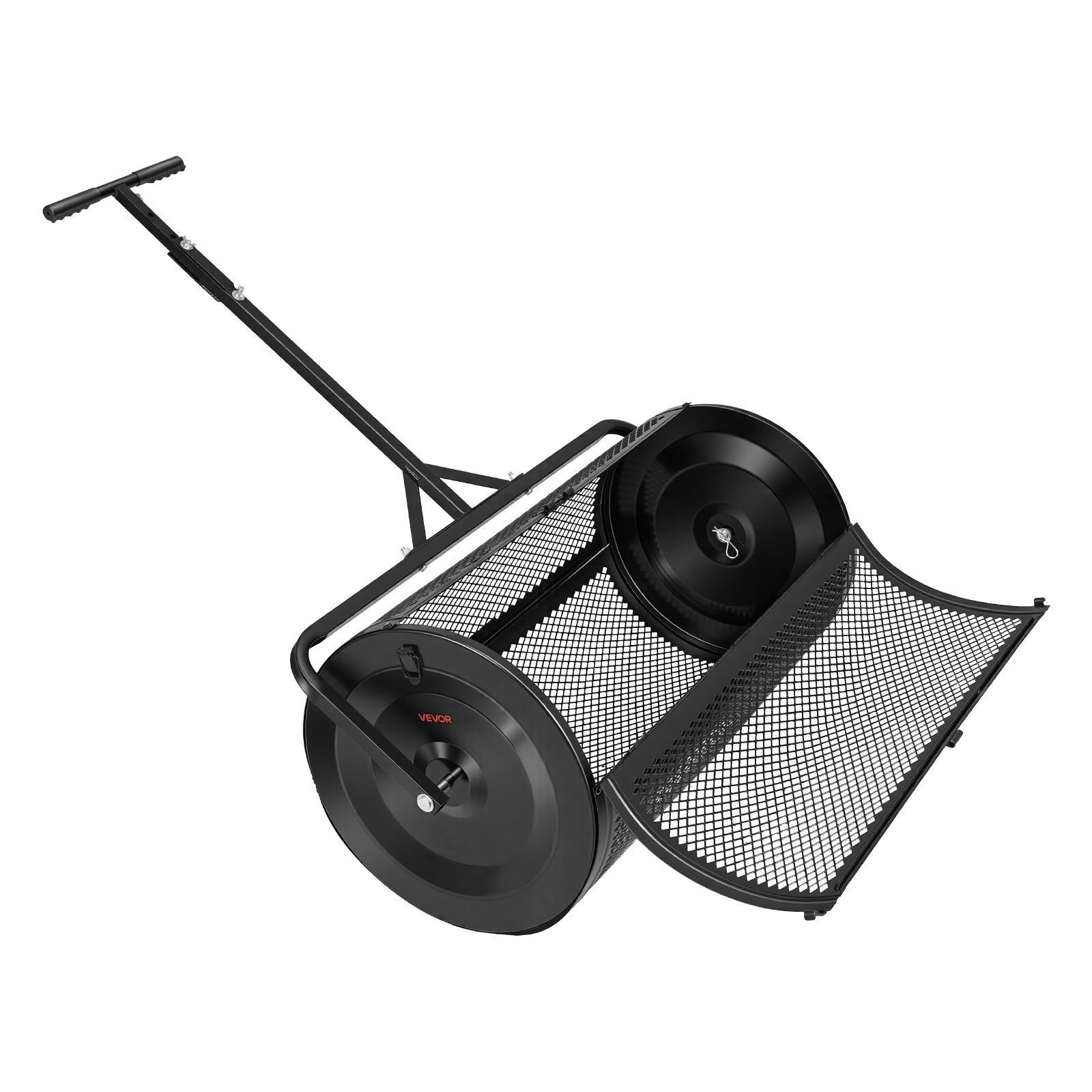 Peat Moss Spreader 36in, Steel Drum 4.1cu ft, Diamond Mesh, Push or Tow, Black