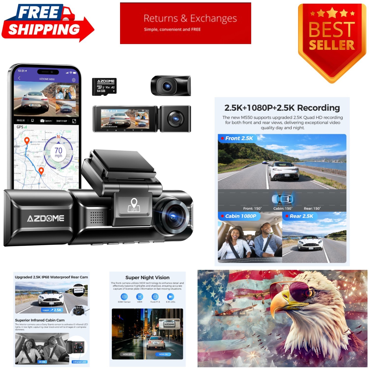 Crystal-Clear M550 3 Channel Dash Camera with Infrared Night Vision & 64GB Card