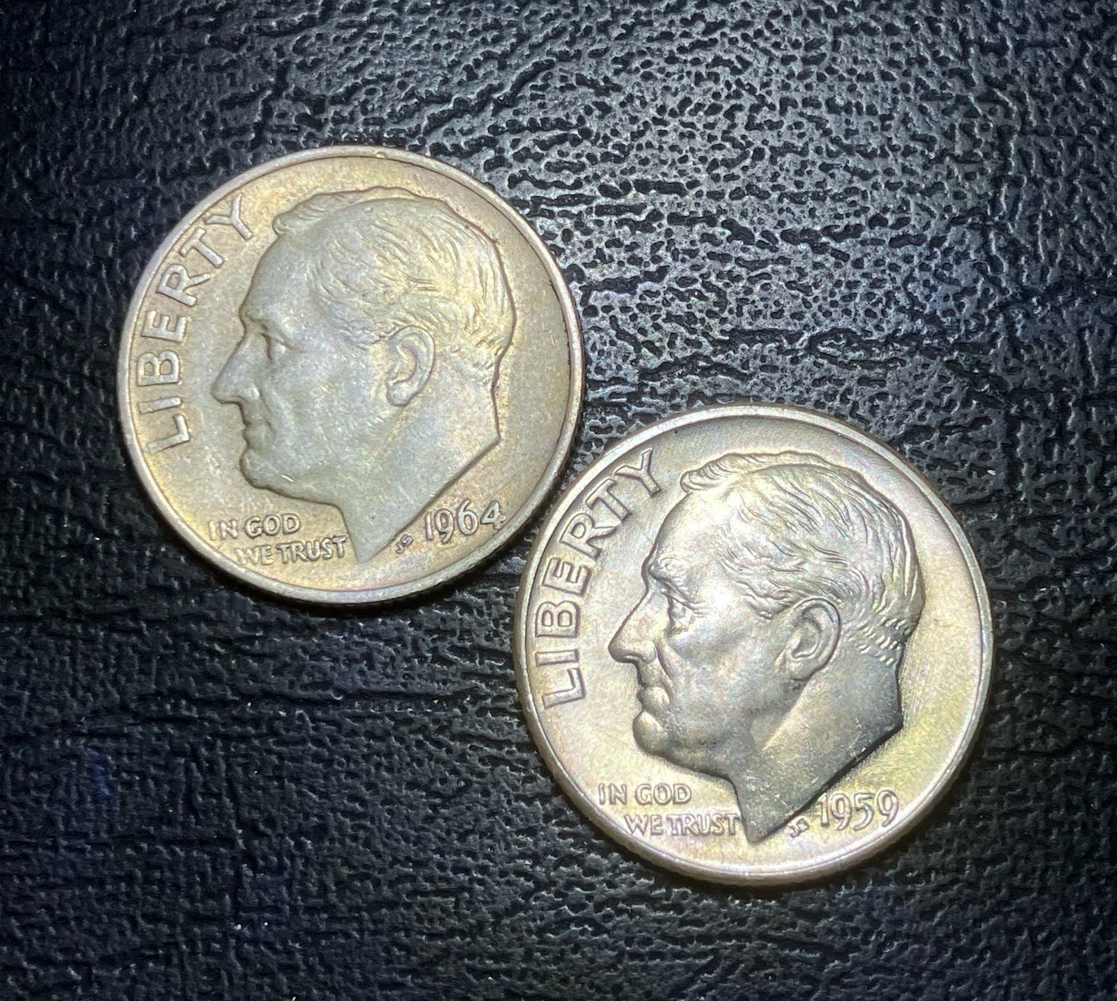 2 Silver Roosevelt Dimes 1959 D "Acorn " Die Clash 1964 Lamination errors