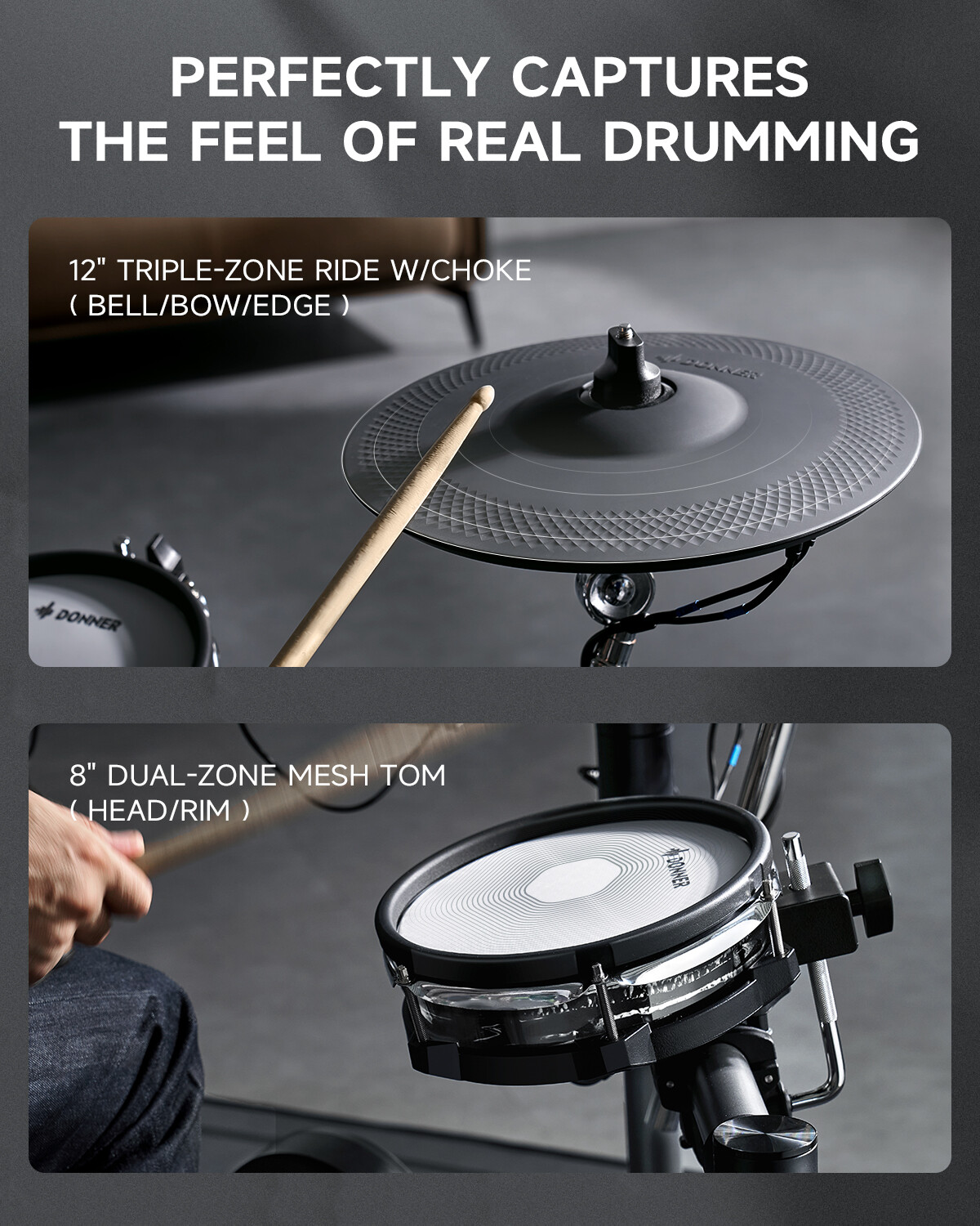 Donner Beat Bluetooth Electric Drum Kit Touch Screen Module 12" Cymbals w/Choke