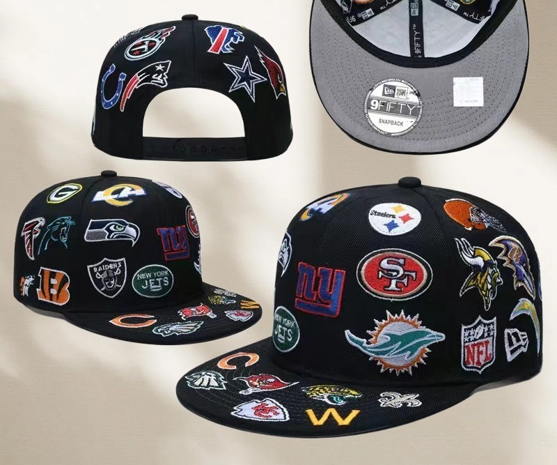 NFL Multi Teams Patch Allover Logos Men Black Adjustable Flat Brim Hat Cap