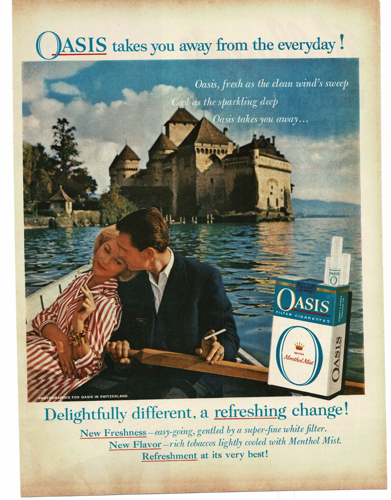1959 Oasis Cigarettes romantic boat ride Chillon Castle Montreux Print Ad