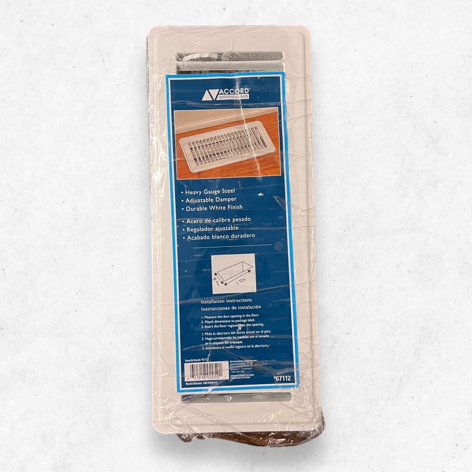 Accord Abfrwh412 Floor Register Adjustable Damper 4inch X 12inch White
