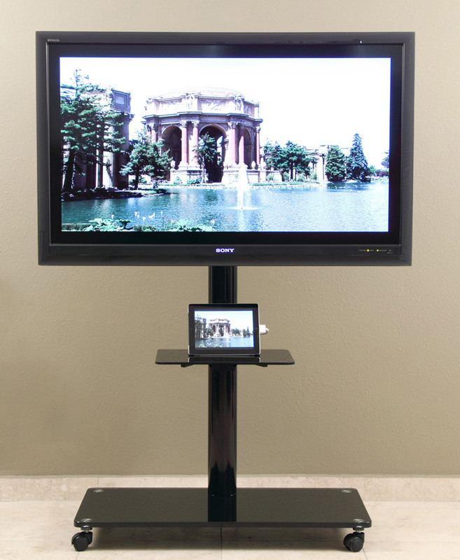TransDeco Glass TV Stand w/ Mount Wheels for 35-75 inch LCD TV Mobil TV Cart NEW