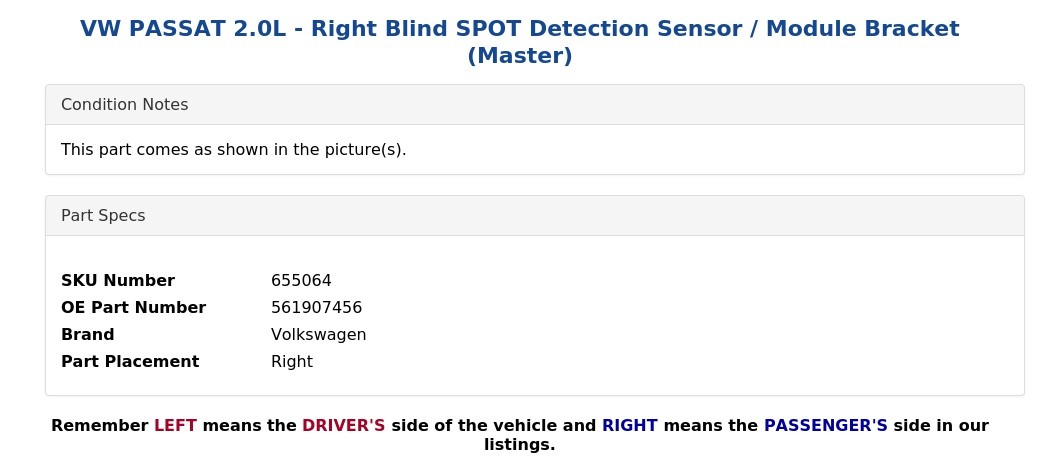 VW PASSAT 2.0L - Right Blind SPOT Detection Sensor / Module Bracket (Master)