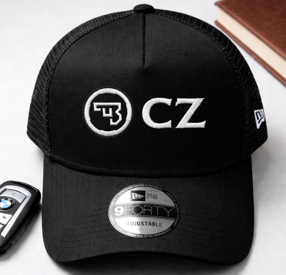 CZ Black New Era Mesh Trucker Hat, Unisex Hat, Embroidered Logo Hat