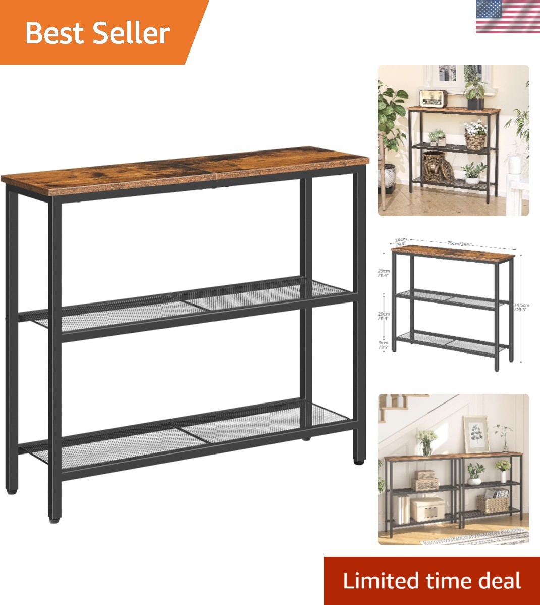 Rustic Brown and Black 29.5" Console Table - Ideal for Entryway or Living Room