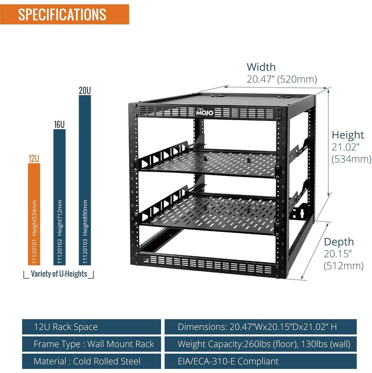 TecMojo 12U Open Frame Network AV Rack Floor/Wall Mount 19in w/ 2x 1U Shelves