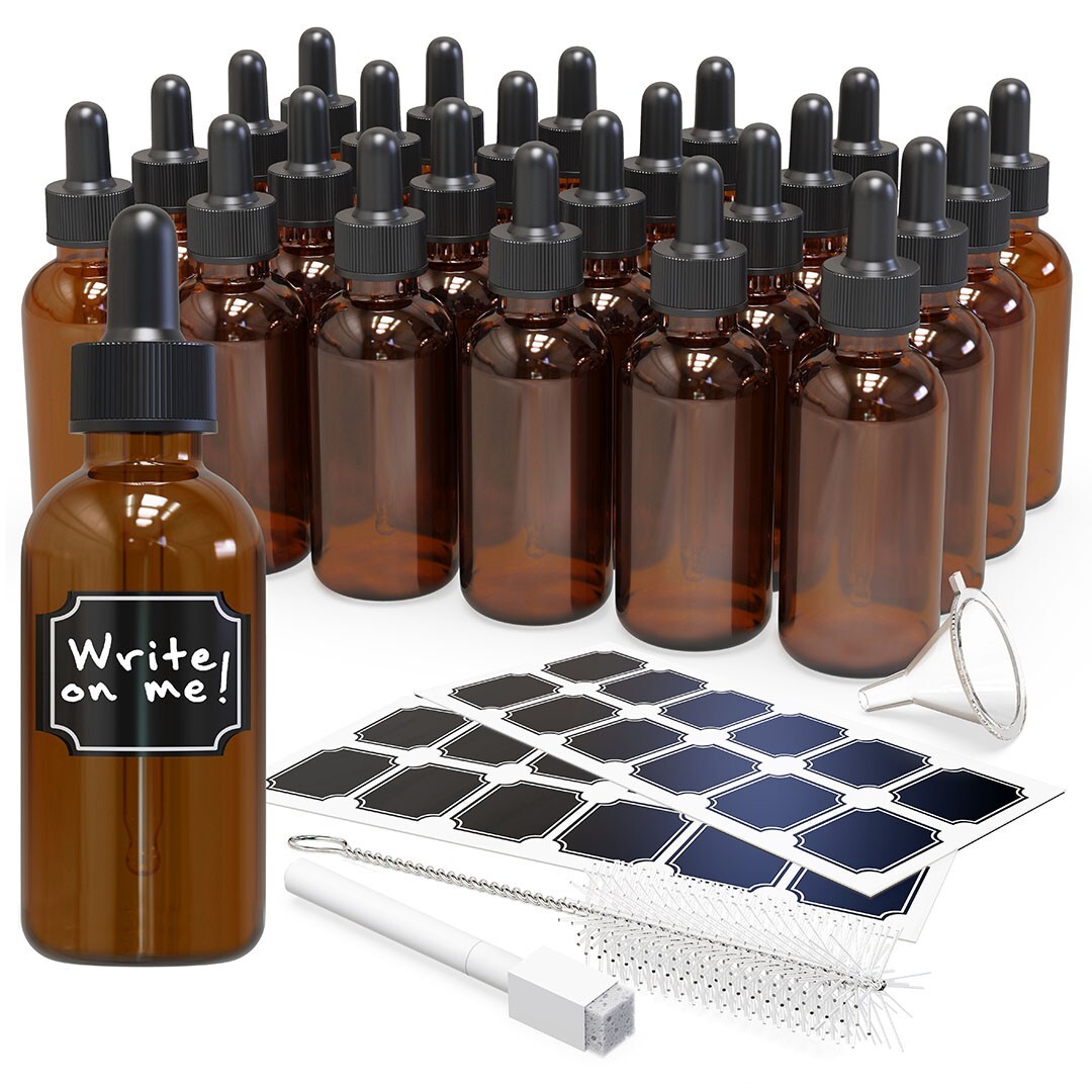 Nevlers 24 Pack Amber 2 Oz Dropper Glass Bottles- Dropper Funnel Brush Labels