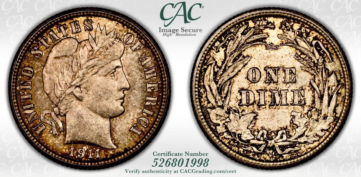1911 BARBER DIME CACG MS65