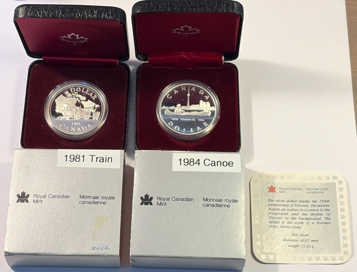 1981 Train & 1984 Canoe (2) Royal Canadian Mint Proof Silver Dollars in OGP