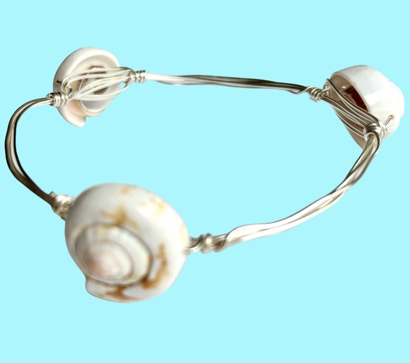 Artisan Made 3 Wrapped Sterling Silver Wire Bracelets With Sea Shells Summer