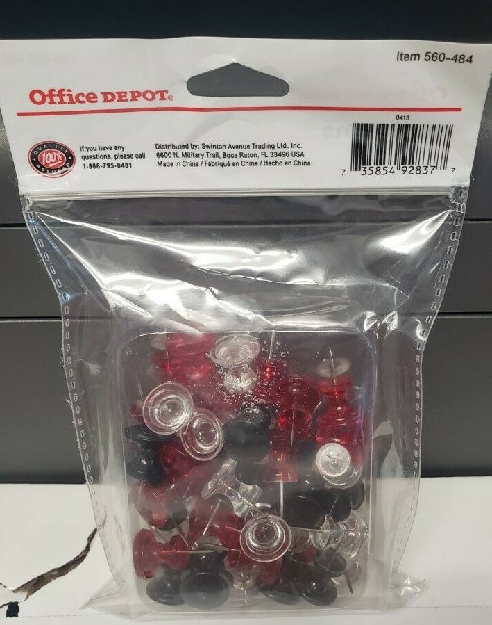 2 packs Office Depot Push Pins, Clear/Black/Read, 50 Count per pack(100 pins)