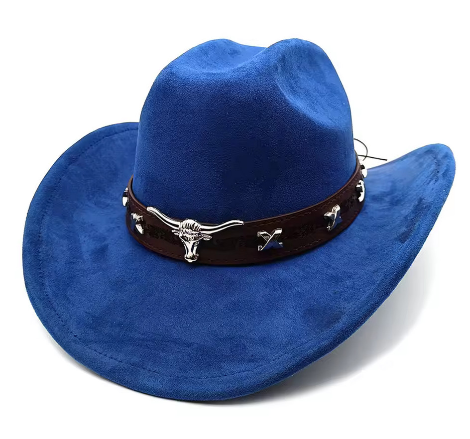 Royal Blue Cowboy Hat With Cow Belt Buckle Mens Or Ladies Akubra Style Hat