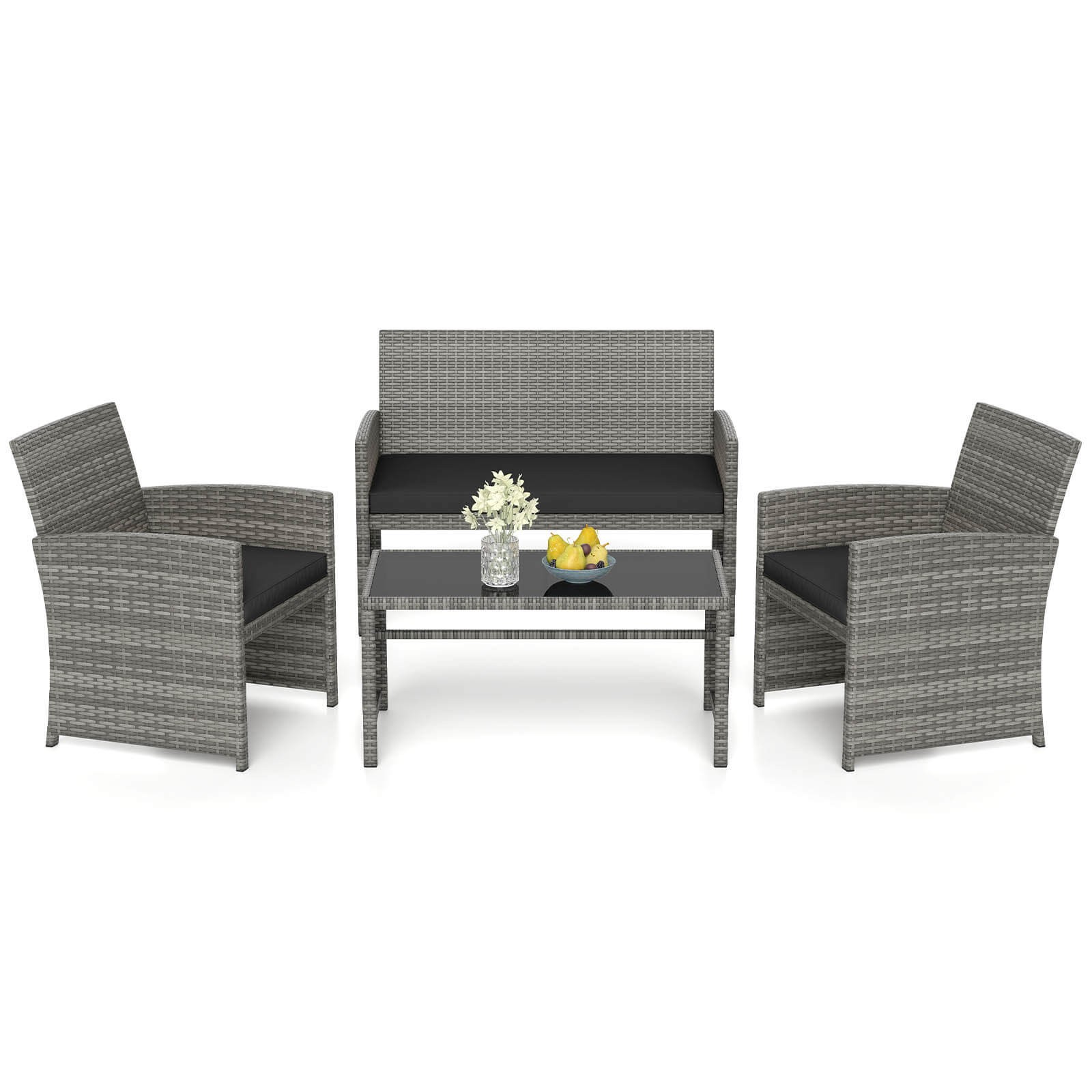 4 PCS Patio Furniture Set w/Tempered Glass Coffee Table Loveseat 2 Single Sofas