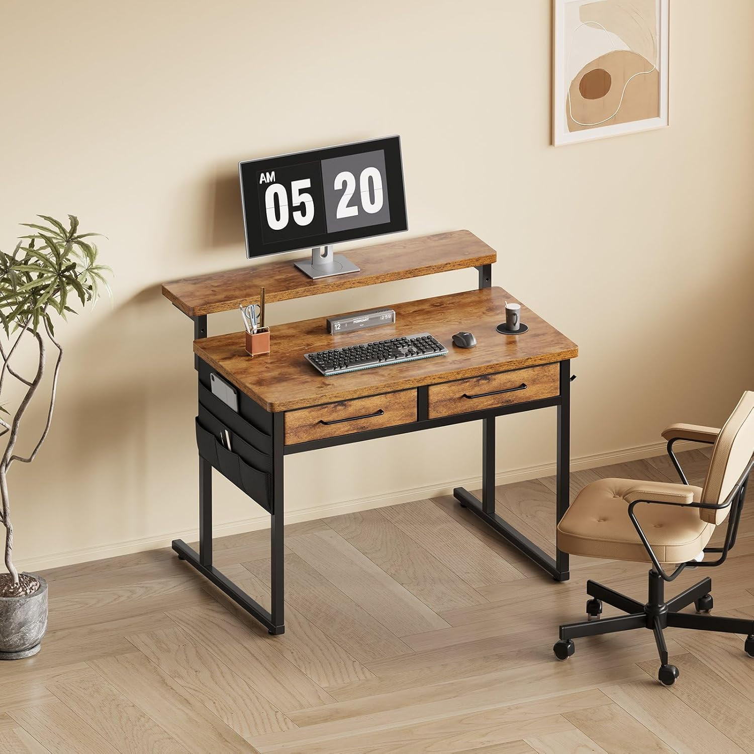 Compact Rustic Brown Desk with Drawers & Monitor Stand for Small Spaces
