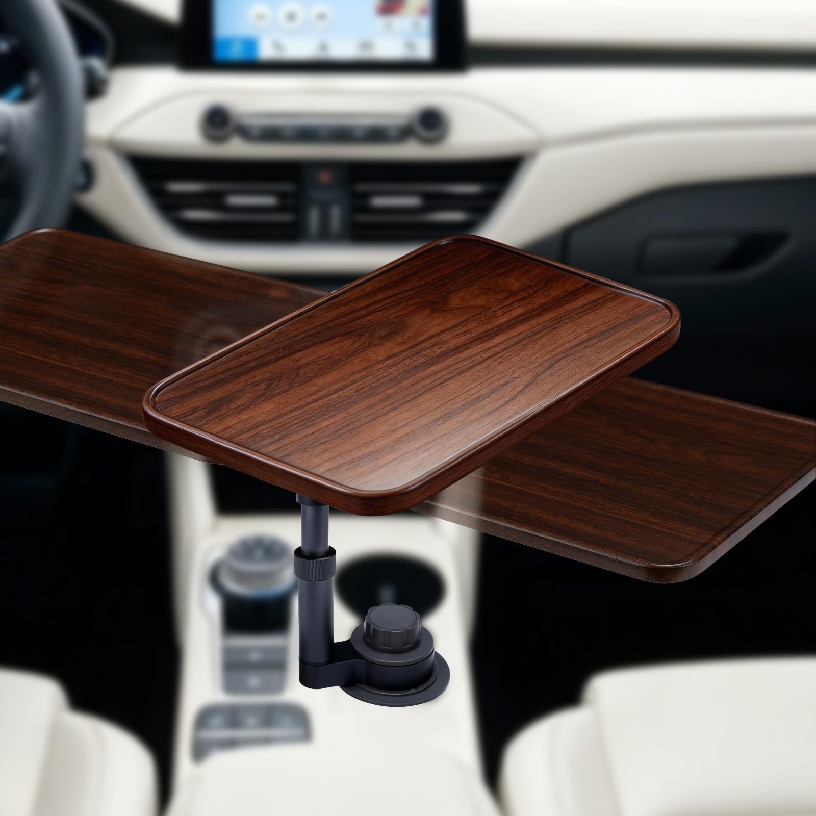 Car Desk for Laptop, 360° Swivel, Height Adjustable Wood-Grain Tray