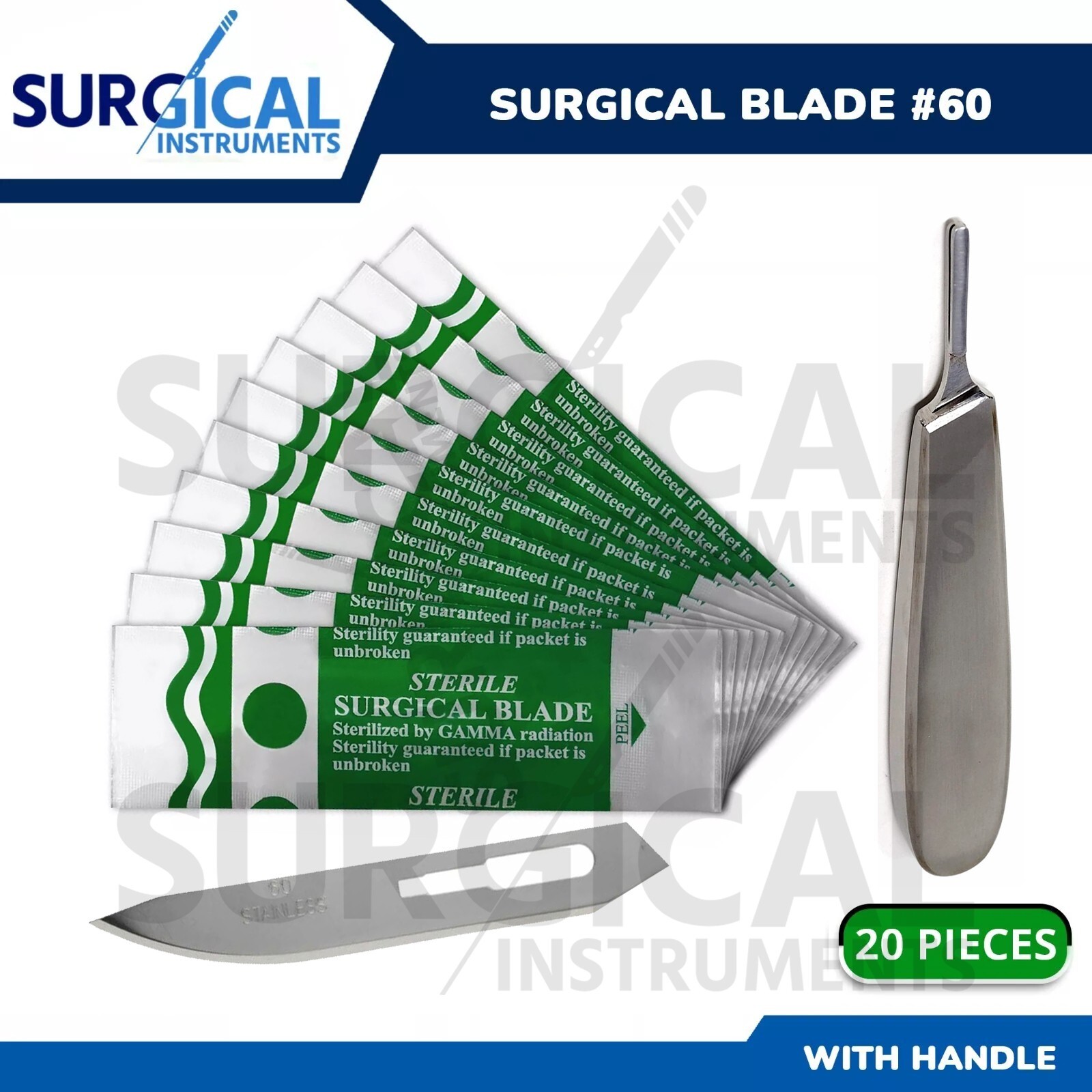 20 Sterile Scalpel Blade #60 Autopsy Post Mortem Surgical with Free BP Handle #8