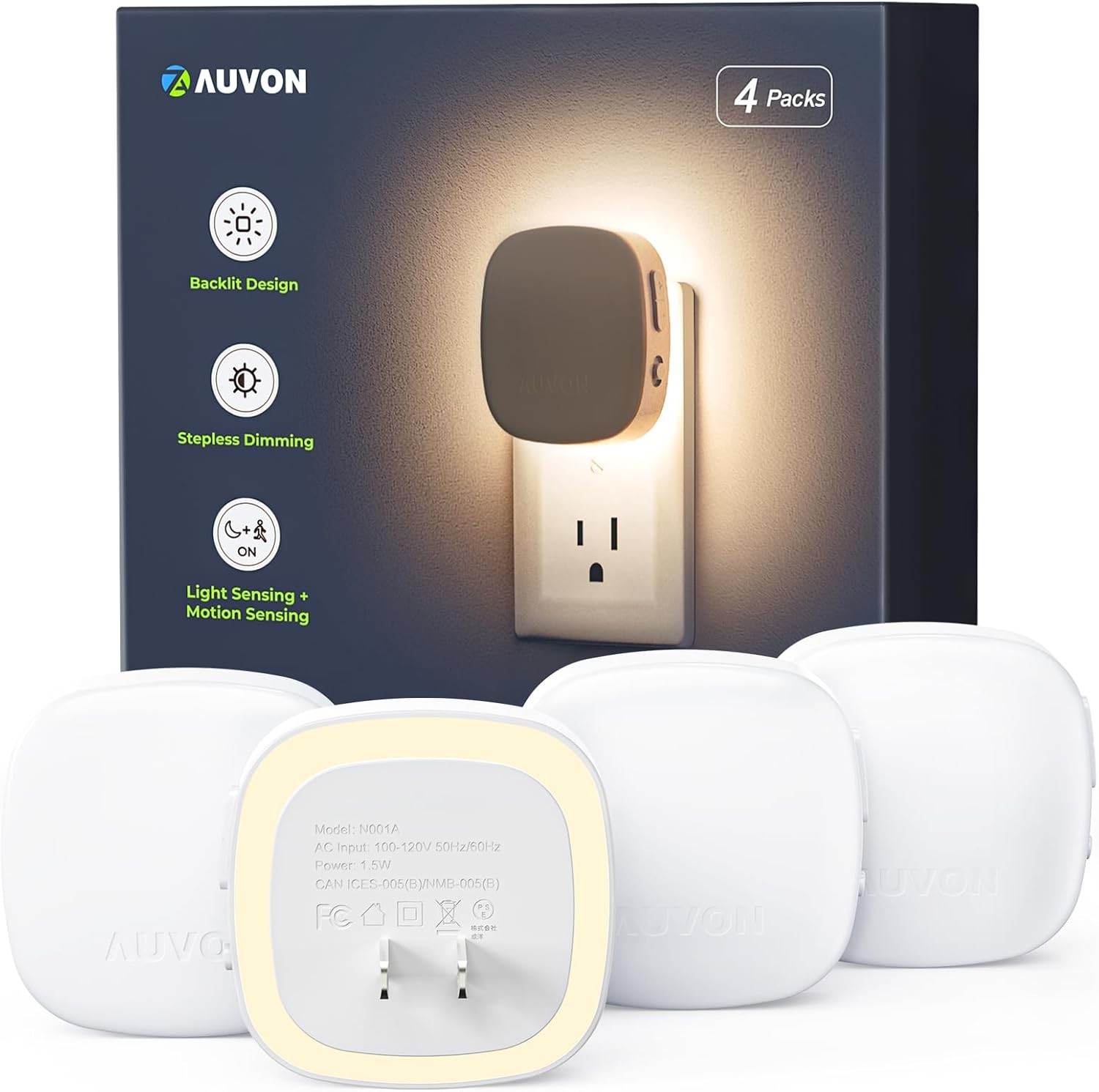 AUVON Plug-in LED Backlit Night Light with Motion Sensor & Dusk to Dawn Sensor,