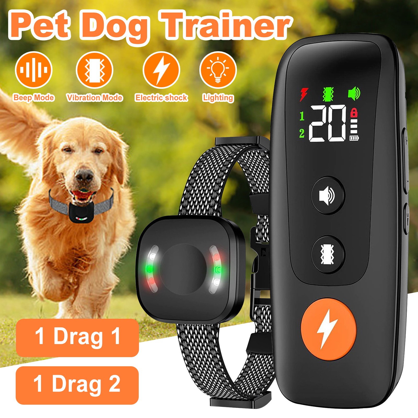 Dog Shock Collar with Light for Night Walks, Dog Training Collar Adjustable New