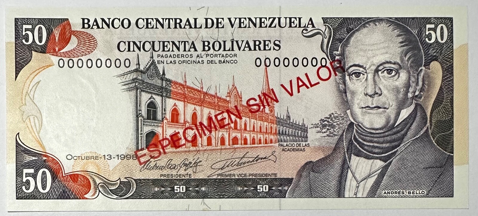 VENEZUELA SPECIMEN 50 BOLIVARES OCT 1998 GEM UNC