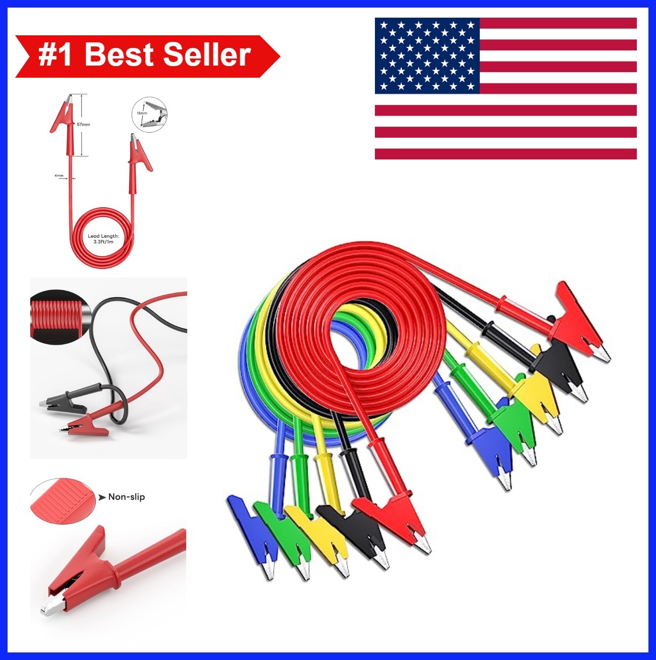 Alligator Clips Test Leads Dual Ended Crocodile Wire Cables 3.3ft 5 Colors